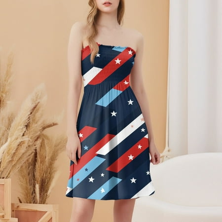 CHCNHAC Independence Day Tube Dresses for Women Patriotic American Flag Graphic Dresses Flattering Flowy Swing Strapless Cocktail Dress Blue 2XL