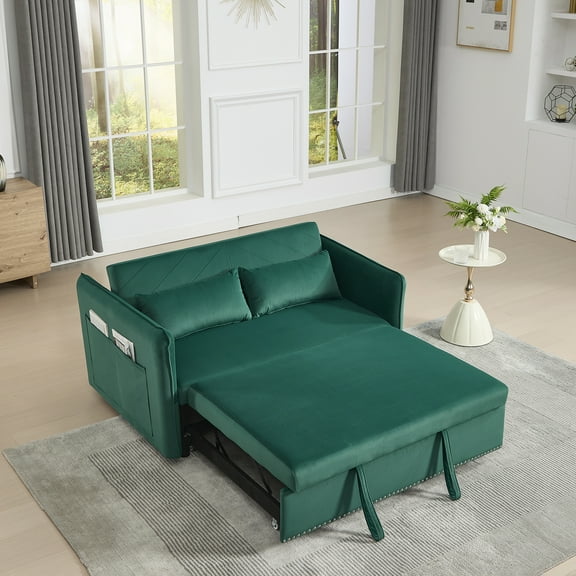 55" 3-in-1 Convertible Velvet Futon Sofa Bed, Small Loveseat Sleeper Couch with Pull-Out Bed, Reclining Backrest, 2 Pillows and Side Pockets for Living Room or Apartment, Green
