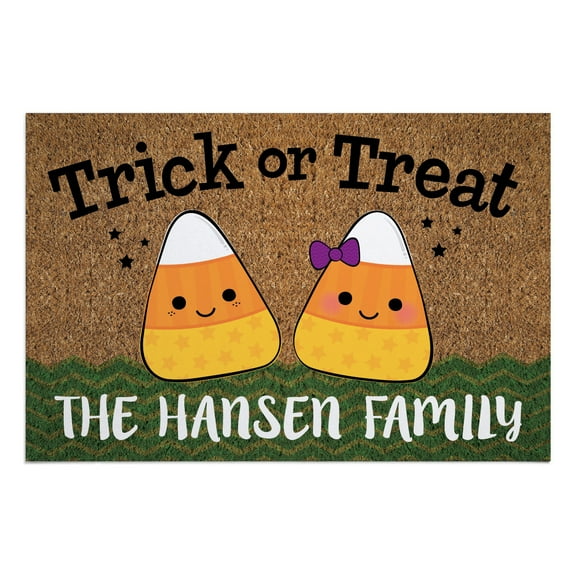 Personalized Planet 27x18 Candy Corn Family of 2 Doormat with Custom Personalization Printed on Brown Rectangular 1/8” Thick Non Slip Mat for Kitchen Hallway Deck or Porch