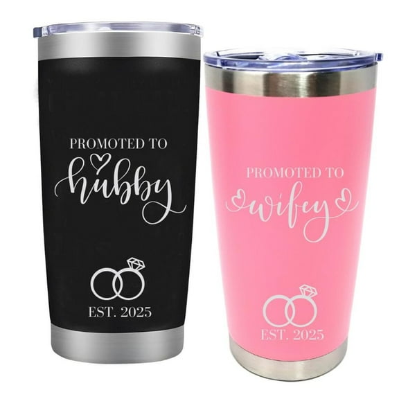 Promoted To Husband - Promoted to Wifey 20oz Tumbler Mug Funny Family Wedding Announcement Coffee Cup For Newlyweds, Romantic Couples Wedding Gifts - Set of 2