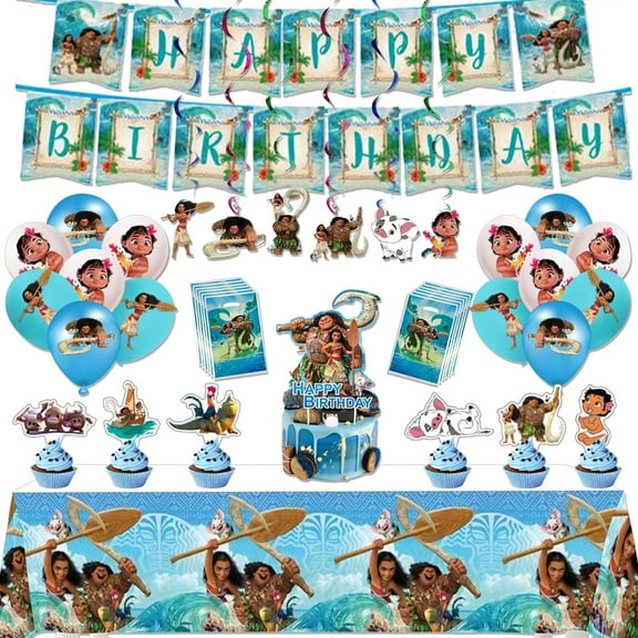 Maui Moana Birthday Party Supplies - 61PCS Moana Party Decorations with Banner, Cupcake and Cake Toppers, Latex Balloons, Hanging Swirls,Tablecloth,Gift Bag for Kids Party Decor
