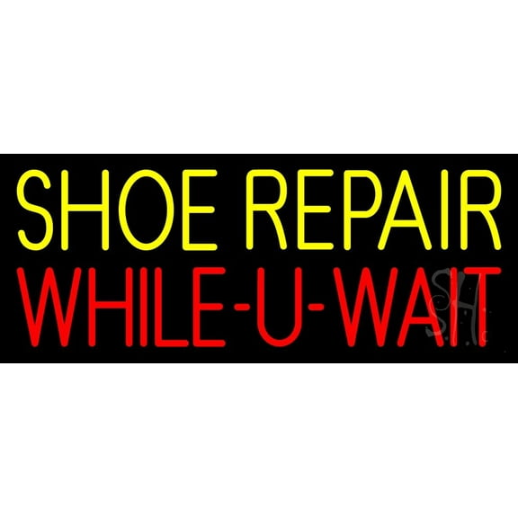 Shoe Repair While You Wait LED Neon Sign 13 x 32 - inches, Black Square Cut Acrylic Backing, with Dimmer - Bright and Premium built indoor LED Neon Sign for store interior Décor, Storefront.