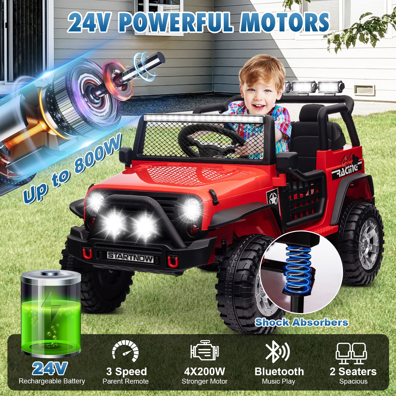 Jorfly 24V Powered Ride on Cars ,4WD Extra large Real 2 Seat Ride on Toys with Remote Control, LED Light, MP3 Player, Electric Vehicles Ride on Truck,Ultimate Electric Vehicle, Red
