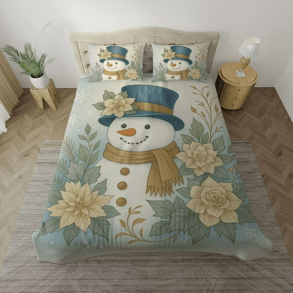 Christmas Snowman Bedding Set – Winter Holiday Duvet Cover with Pillowcases – Festive Floral Design – Twin/Full/Queen/King Sizes