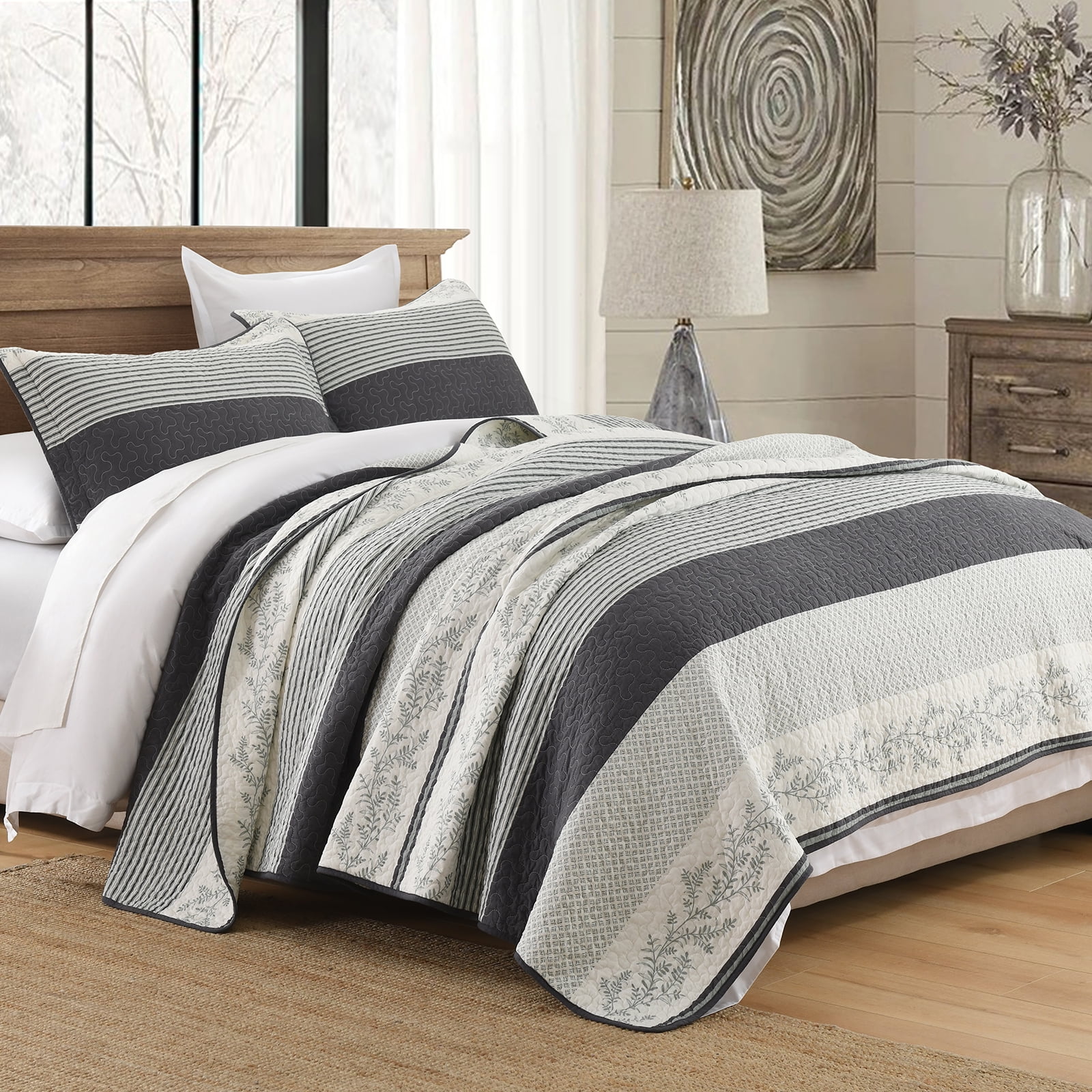 Bedduvit White Gray Floral Striped Quilt Queen, 100% Organic Cotton Queen Size Quilted Bedspread Set with 2 Shams, Botanical Vintage Lightweight Reversible 3-Piece Coverlet Bedding Set, 98"x90"