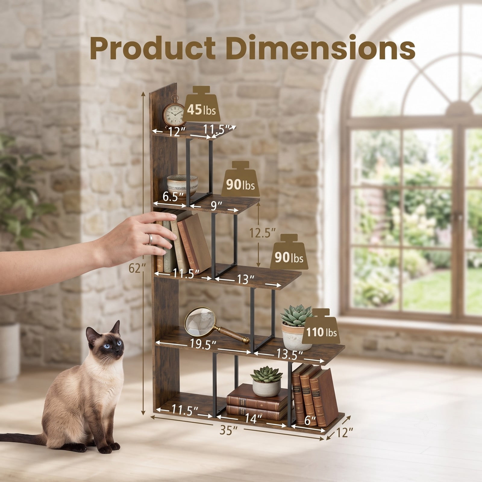Furnibear 5-Tier Stepped Bookshelf, 62 Inch Tall Freestanding Industrial Bookcase with Heavy Duty Metal Frame, Wood Storage Shelf Organizer for Home, Rustic Brown