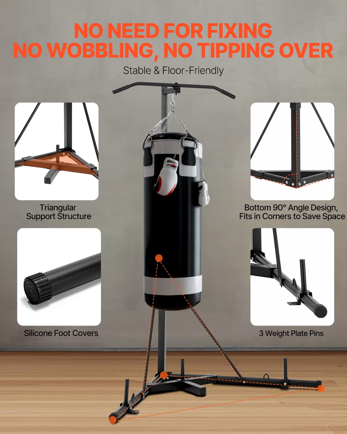 VEVOR 2 in 1 Punching Bag Stand, Steel Heavy Duty Workout Equipment, Adjustable Height Boxing Punching Bag Stand with Pull Up Bar,Freestanding Sandbag Rack,Holds Up to 140 lbs, for Home Gym Fitness
