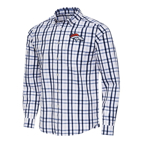 Men's Antigua Navy/Gray Denver Broncos Tending Woven Tri-Blend Long Sleeve Button-Down Shirt