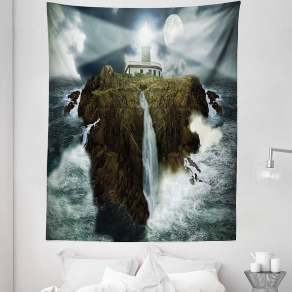 Island Tapestry, Island Rocks Stormy Sea Crashing Waves Full Moon Beams, Fabric Wall Hanging Decor for Bedroom Living Room Dorm, 5 Sizes, Grey White Brown, by Ambesonne