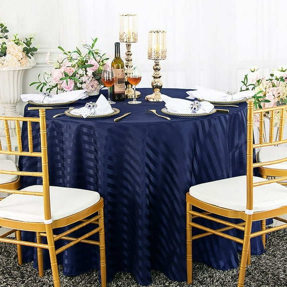 Wedding Linens Inc. 90" Striped Round Jacquard Polyester Tablecloths - Navy Blue