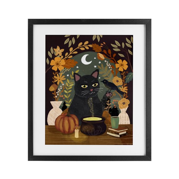 Stupell Industries Eclectic Autumnal Cat & Cauldron Black Framed Print Under Glass, 13 x 16, by Mia Charro