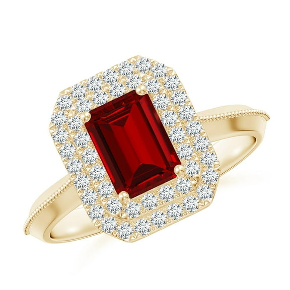 ANGARA Lab Grown 1 Ct Vintage Inspired Ruby Double Halo Engagement Ring for Women in 14K Yellow Gold (Size-7x5mm) | July Birthstone, Anniversary, Jewelry Gift for Women | Lab-Grown Ruby Ring