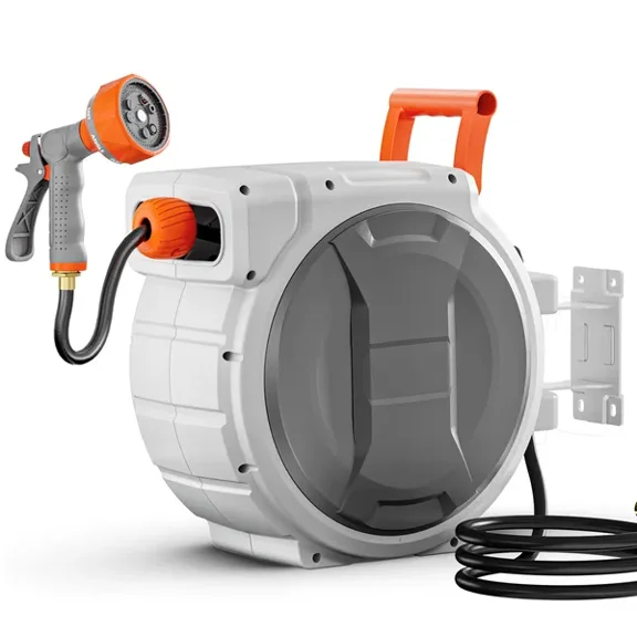 5/8 Inch x 100 ft Heavy Duty Retractable Garden Hose Reel Wall Mounted with 9 Pattern Nozzle Adjustable Length Lock Upgraded Slow Return System 180 Degree Swivel Bracket