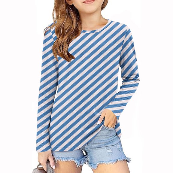 T Shirts for Girls Boys Long Sleeve Crewneck Tunic Tops 3-14 Years Toddlers Teens Casual Stripe Printed Pullover Basic Going Out Blouses Top