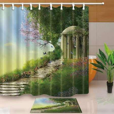 WOPOP Magic Forest Decor Gazebo with a Stone Stair and Flowers Shower Curtain 66x72 inches with Floor Doormat Bath Rugs 15.7x23.6