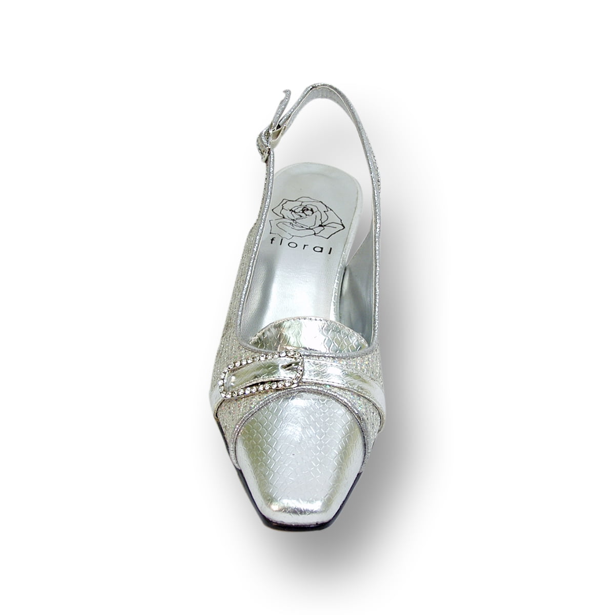 FLORAL Elena Women's Wide Width Rhinestone Jewel Buckle Closed Toe Slingback SILVER 6