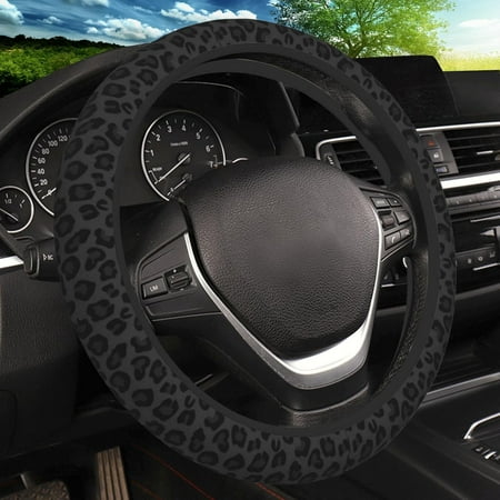 HPINK-T Black Leopard Print Cheetah Elastic Steering Wheel Cover, Non-Slip Breathable Neoprene Steering Wheel Covers, Women Leopard Car Accessories, Universal 15 Inch Fit Auto, Suvs, Truck