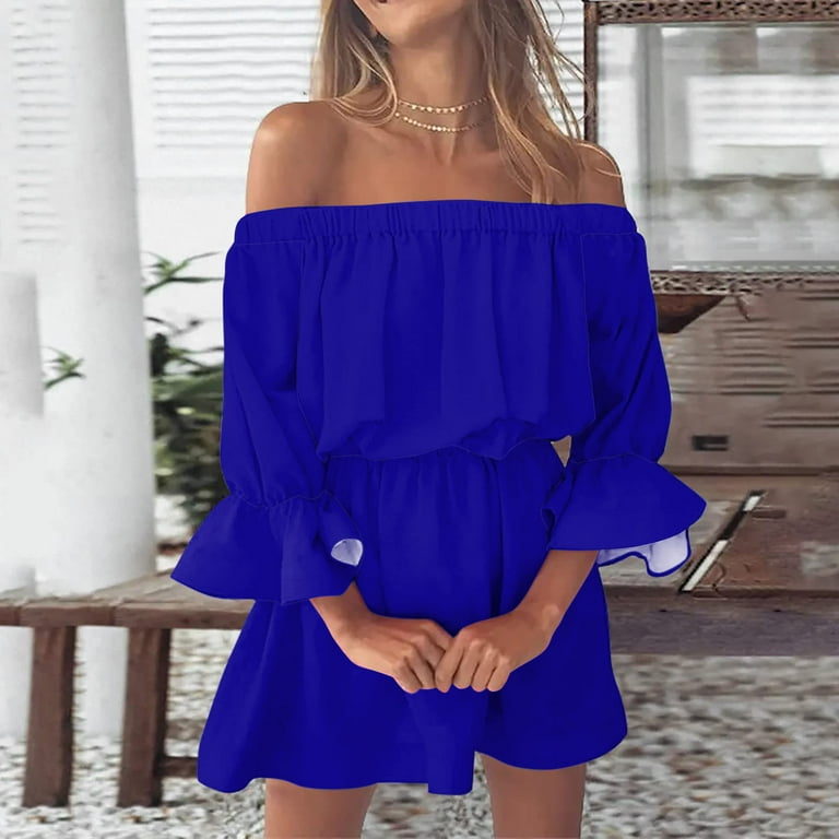 Riforla Women Summer Dresses Vintage Print Beach Sexy off Shoulder Tunic Summer Dresses Casual Loose Fit Bell Sleeve Mini Dress Juniors Dresses Blue