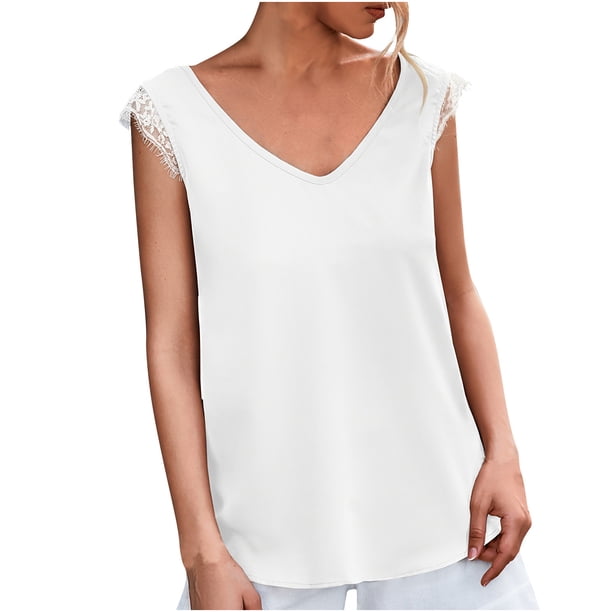 Moda mujer verano sin mangas Color sólido cuello pico encaje Casual blusa Tops Fridja qr5816