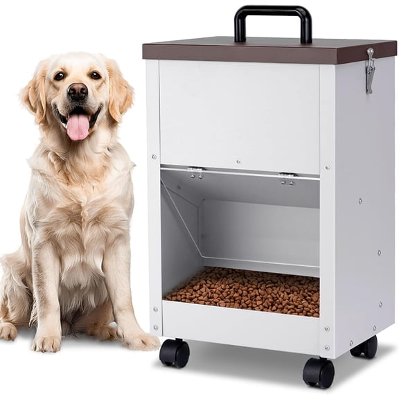 Outdoor Automatic Dog Feeder Large Breed 28 Lbs Capacity, Galvanized Metal Self Feeding Dog Food Dispenser with Clear Door, Gravity Pet Feeder Wall Mountable, Easy to Move with Wheels