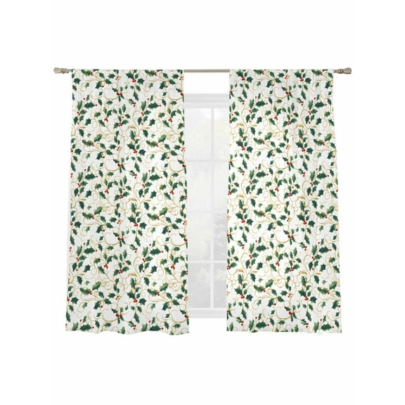 Winter Christmas Sheer Curtains 2 Panels Set, Holly Berry Plants Leaves Window Sheer Curtains for Living Room/Bedroom, Light Filtering Rod Pocket Voile Drapes, 52" W x 72" L