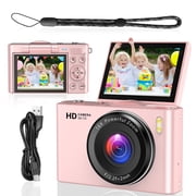 4K 64MP Shoot Digital Camera for Kids, Teens, Beginners, Autofocus Point-and-Shoot Camera with 2.4" 180° Flip Screen, 16X Digital Zoom, Anti-Shake, Usb-c, Selfie Vlogging Camera for Travel,Gifts,Pink