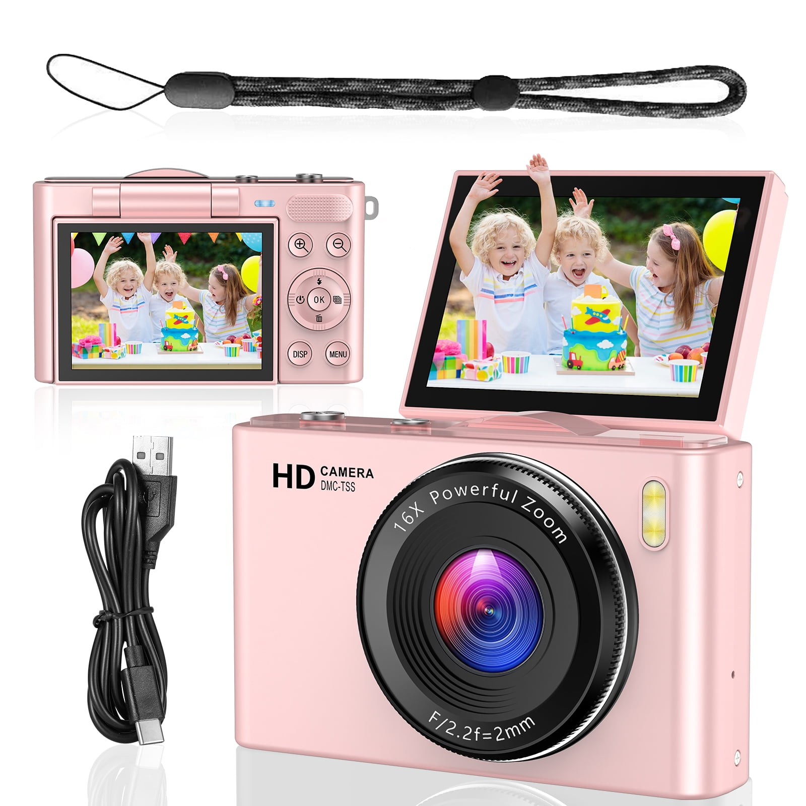4K 64MP Shoot Digital Camera for Kids, Teens, Beginners, Autofocus Point-and-Shoot Camera with 2.4" 180° Flip Screen, 16X Digital Zoom, Anti-Shake, Usb-c, Selfie Vlogging Camera for Travel,Gifts,Pink