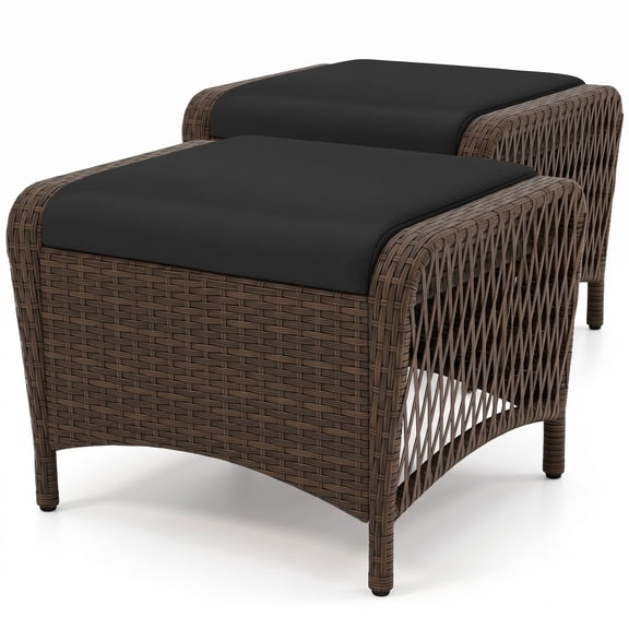 Furnibear Set of 2 Outdoor Patio PE Wicker Ottomans with Removable Cushions, Hand-Woven Rattan Footrest Extra Seat Coffee Table for Garden Porch Backyard, 400, Black