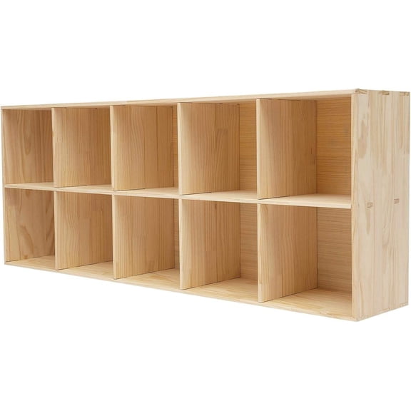10-Cube Solid Wood Floor-Standing Bookcase with 10 Compartments, Modern Rectangular Display Shelf for Living Room, Bedroom or Office