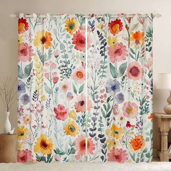 Homewish Colorful Flower Floral Black Out Curtains,Retro Rustic Plant Curtains Pack of 2 (42x63 Each),Green Yellow Pink Bedroom Curtains For Girl Kids,Breathable Home Decor