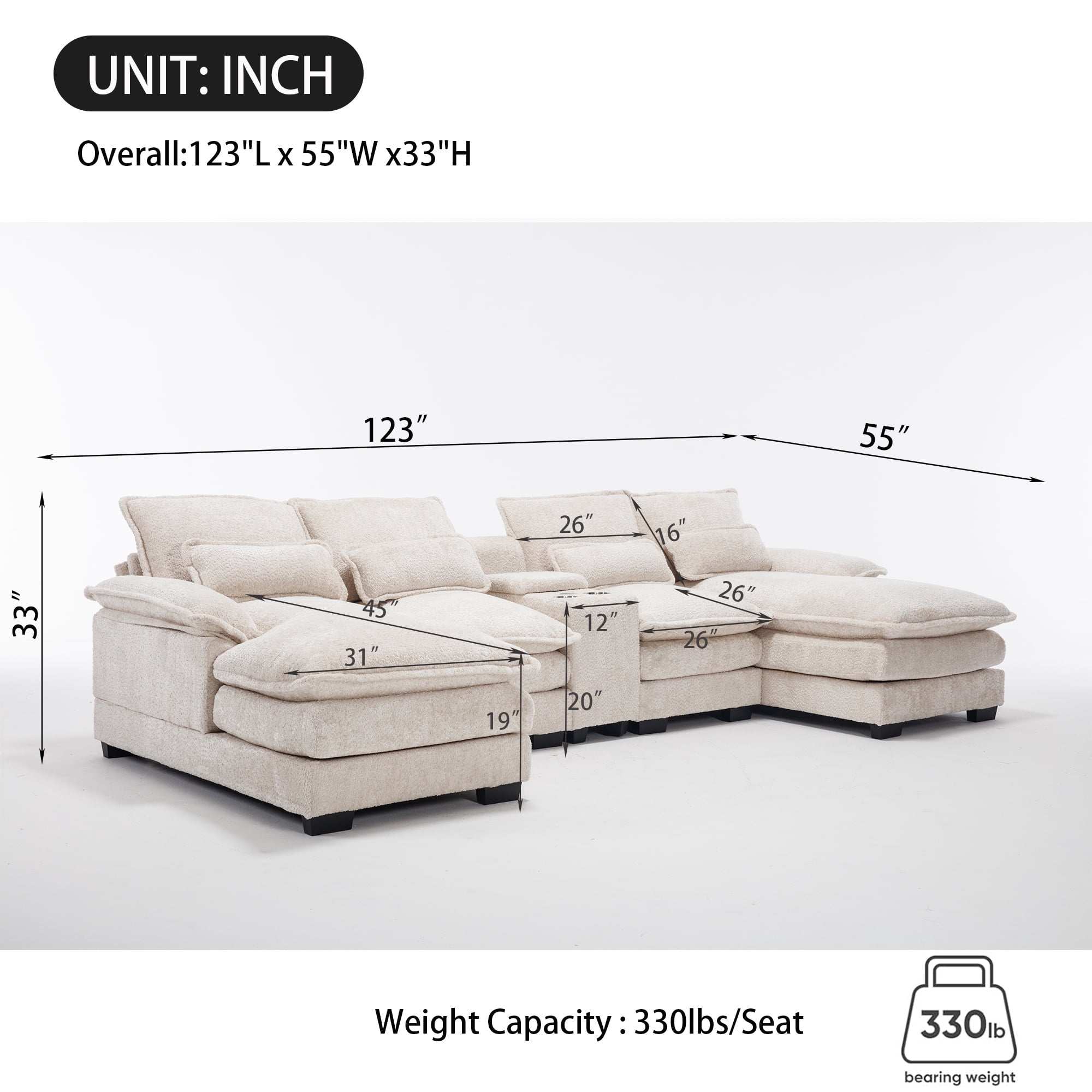 Aukfa 123" Oversized Sectional Sofa U-shaped Couch w/ Cupholder Console & USB Port for Living Room, Chenille, Beige