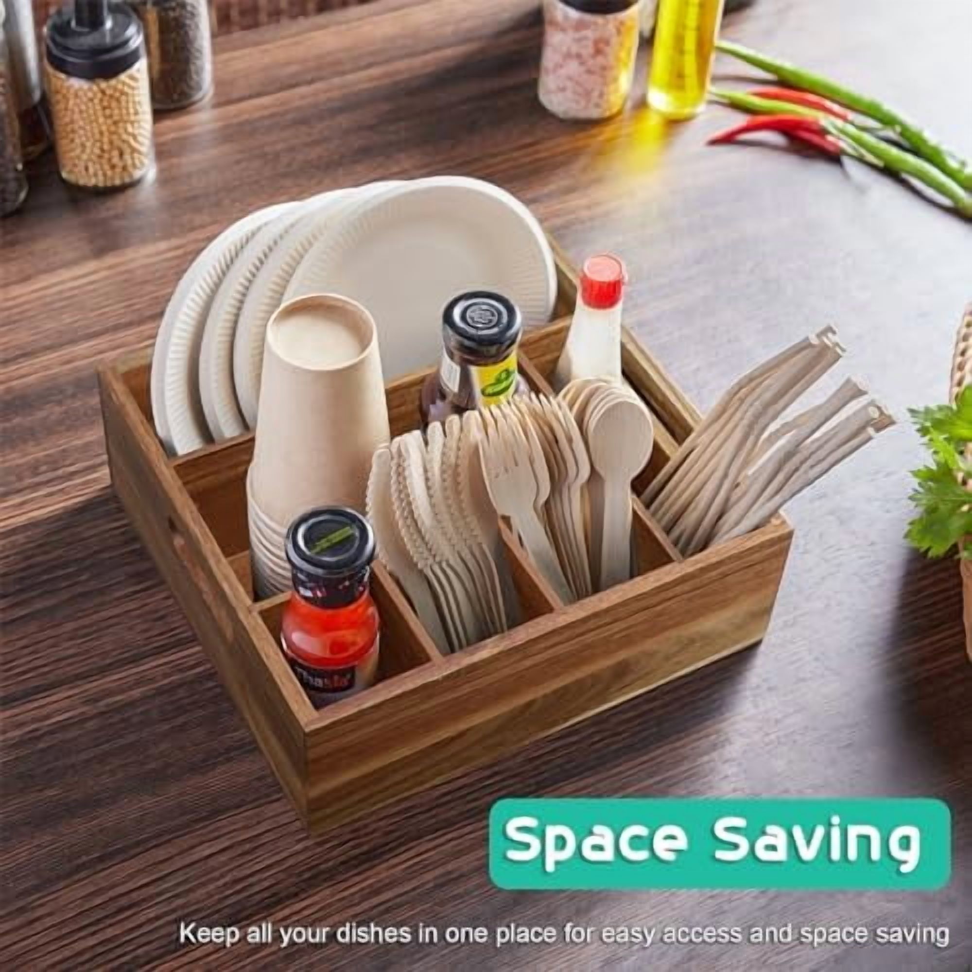 Acacia Wood Utensil Holder for Party - Paper Plate Organizer for Countertop - Silverware Caddy with 6 Compartments for Plate, Cup, Fork, Spoon - Cutlery Holder for Kitchen Camping Buffet