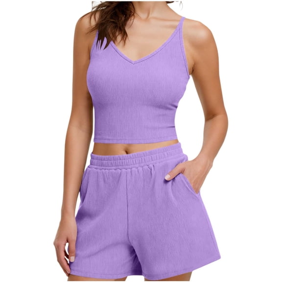 WMTBSRSW Womens 2 Piece Sets Summer Outfits Fitted V Neck Crop Cami Top & Wide Leg Short Matching Set with Pockets Casual Travel Beach Vacation Clothes Purple XX-Large