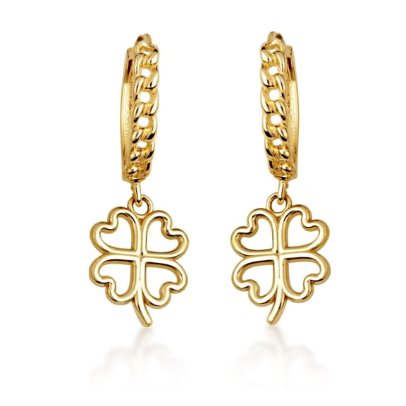 Yellow Gold 4 Leaf Clover Lucky Cuban Link Huggie Earrings (10K)