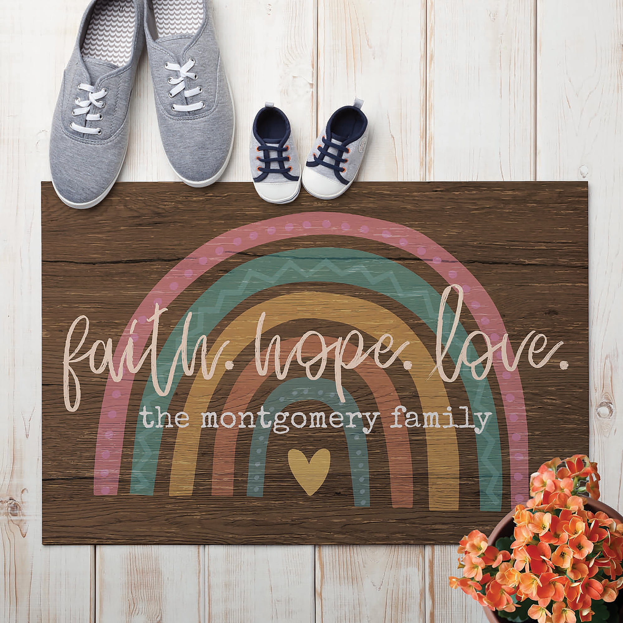 Personalized Planet 27x18 Faith Hope Love Boho Rainbow Uplifting Doormat with Custom Family Name Printed on Brown Rectangular 1/4” Thick Non Slip Mat for Kitchen Hallway Deck or Porch