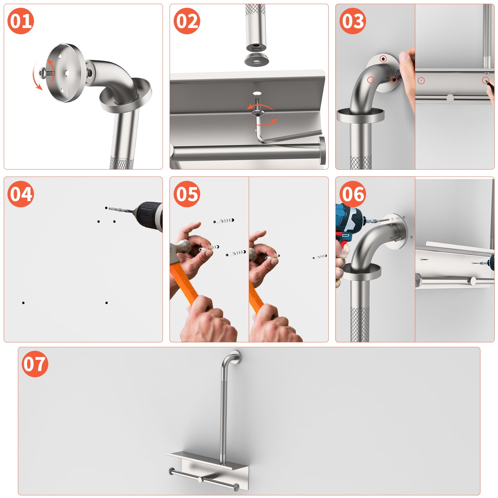 Bathroom Grab Bar with Shower Shelves, ZUEXT Brushed Nickel Toilet Paper Holder 3 in 1 Bathroom Organizers and Storage, Anti Slip Stainless Steel Safety Hand Rail for Handicap Elderly Senior Assist