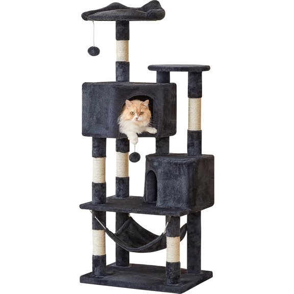 Quuzee 55-in Cat Tree Tower with Double Condo,Scratching Post Hammock,Somky Gray