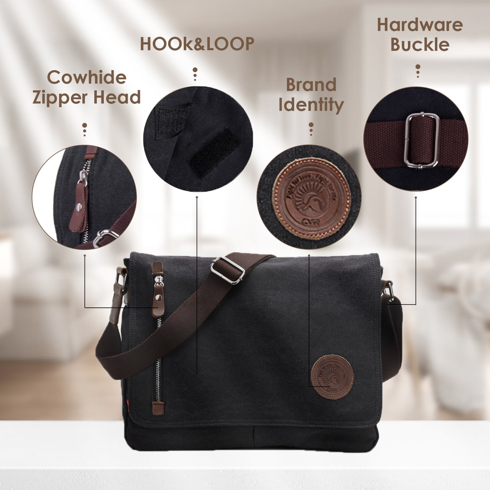 Canvas Messenger Bag 13. 5" Laptop Bag for Men Women for School Work Travel - Black