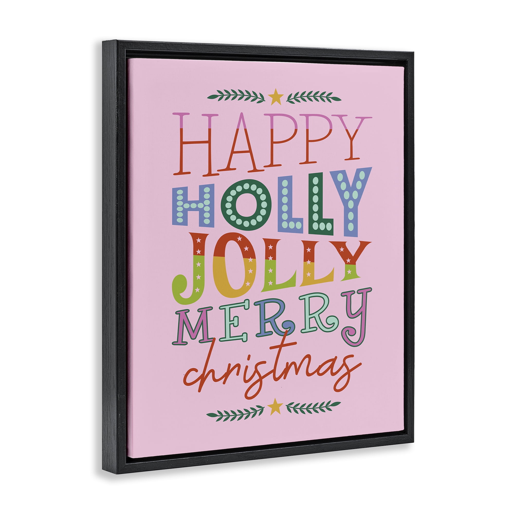 Stupell Industries Happy Holly Jolly Xmas Holiday Painting Black Floater Framed Canvas Art Prints Wall Art, 17 x 21