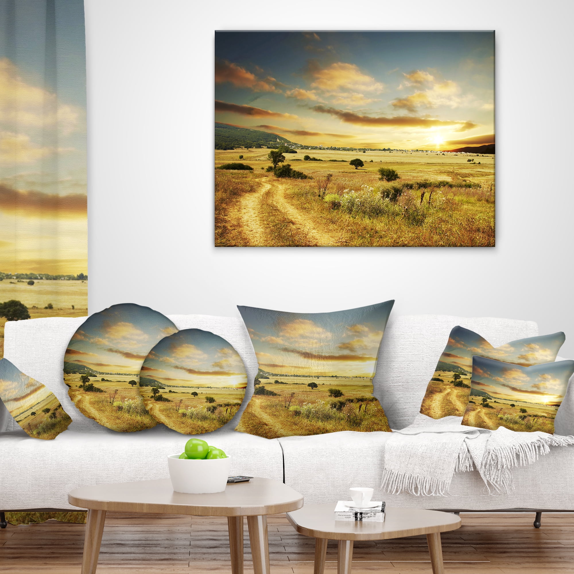 Designart Beautiful Rural Prairie Sunset - African Landscape Printed Throw Pillow - 16x16