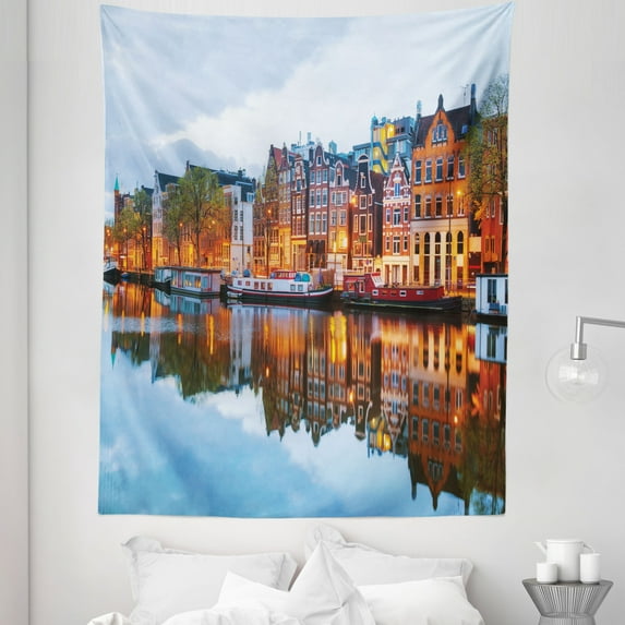 Dutch Tapestry, Cityscape Photo of Traditional Ethnic Houses and Amstel River from City of Amsterdam, Fabric Wall Hanging Decor for Bedroom Living Room Dorm, 5 Sizes, Multicolor, by Ambesonne