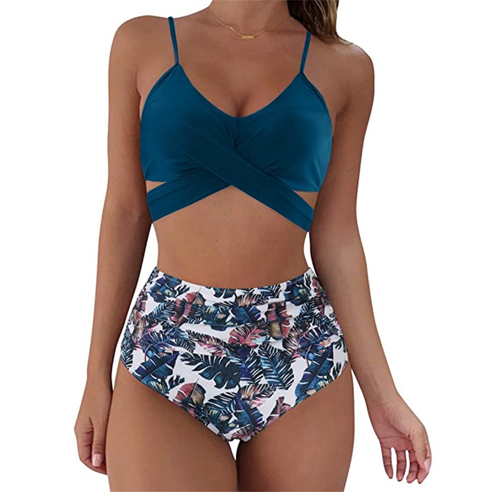 Xmarks Women's Wrap Front High Waisted Bikini Swimsuit Print