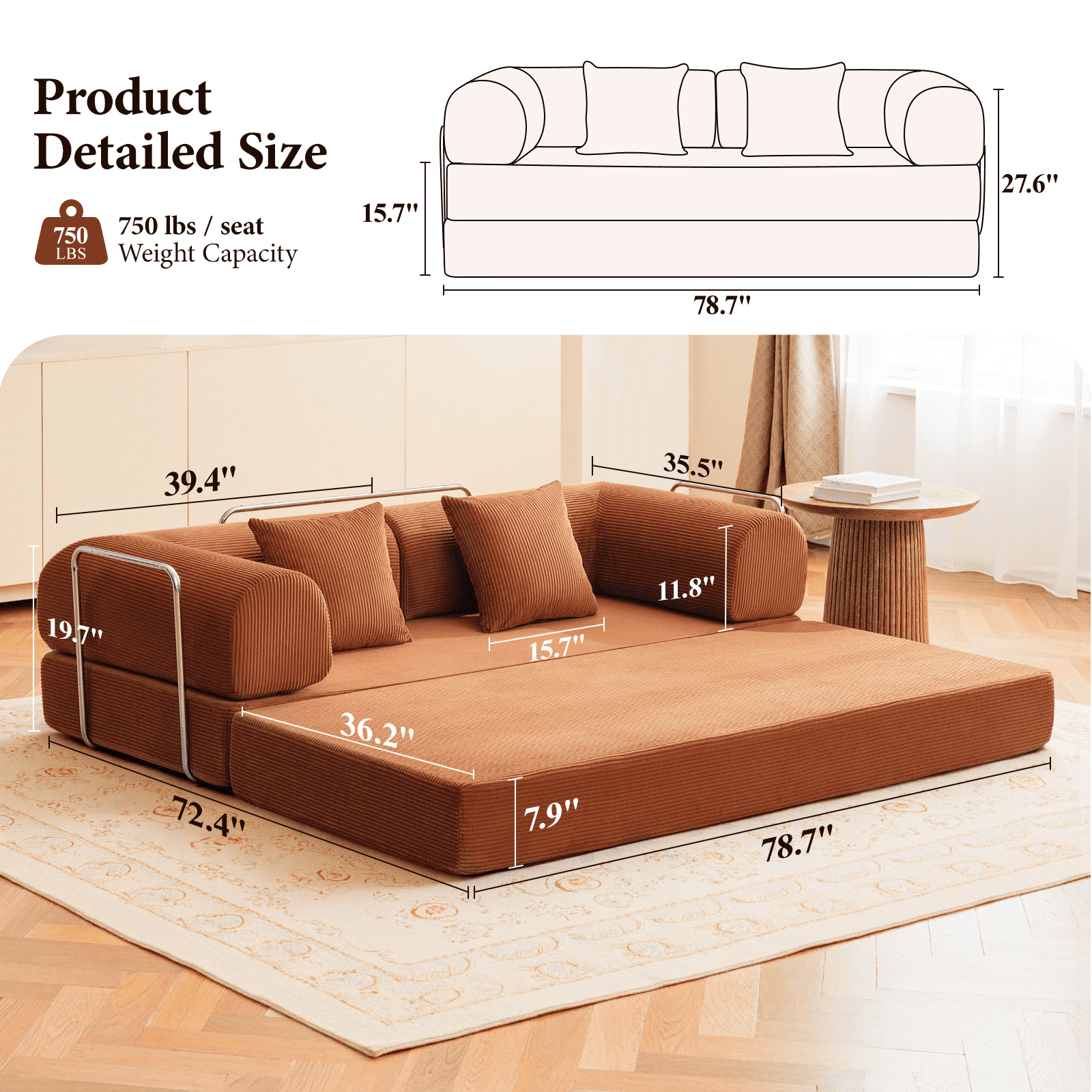 COOLHUT 78.7" Combination Sofa Bed, Pumpkin Brown
