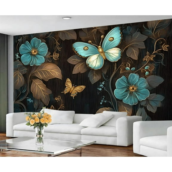 Butterfly Wall Murals For Bedroom - Floral Murals, 3D Relief Floral Wall Mural For TV Background, Floral Botanical Large Mural 98.4"W x 68.9"H (Not Peel and Stick)