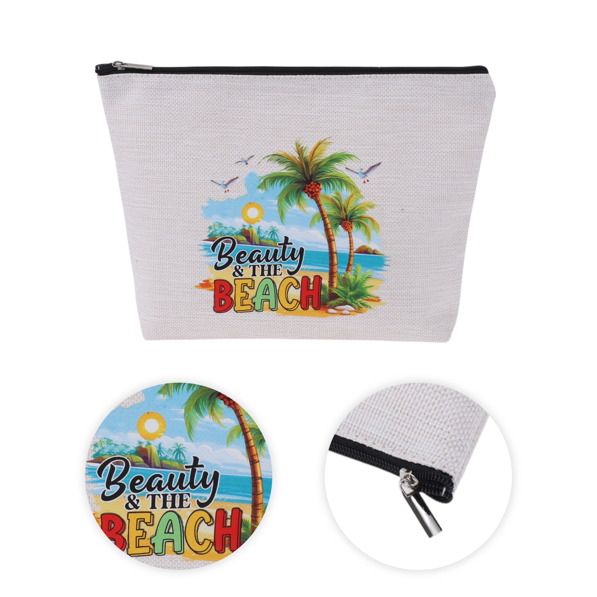Unique Bargains 1 Pc Linen Printed Makeup Bag for Business Travel and Everyday Use White