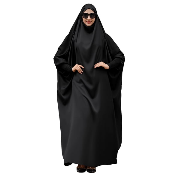 OBEEII Women Muslim Dresses Solid Color Hooded Abaya Dress One Size Ramadan Prayer Dresses Maxi Hijab Kaftan Robe