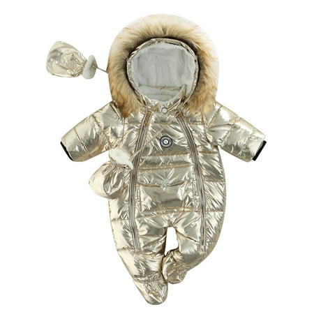 

Sunisery Baby Winter Footed Jumpsuit Glossy Hooded Long Sleeves Romper with Gloves for Toddler Girls Boys Gold Gray 6-9 Months