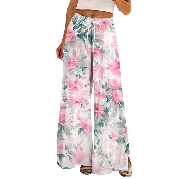 TRUBKH boho pants for women High Waist Wide Leg Pants Floral Solid Long Palazzo Pants Casual High Waist Pant 2025 Beach Vacation Outfits beach outfits for women travel outfits for women Light Pink L