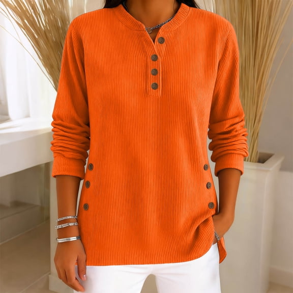 Cotton Shirts for Women Spring Lightweight Henley Tees Long Sleeve Button Up V-Neck Corduroy Tops with Buttons S-3XL