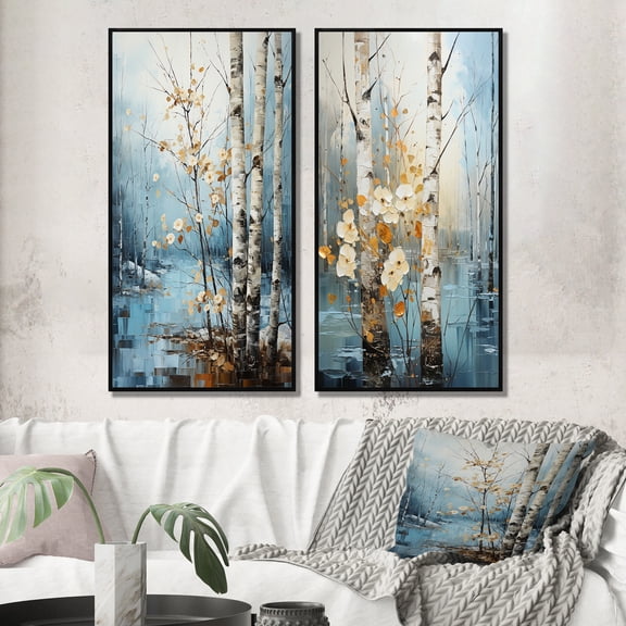 Designart "Birch Woods Winter VI" Tree Birch Framed Wall Art Set Of 2 - Blue Floral Framed Wall Art Set Of 2